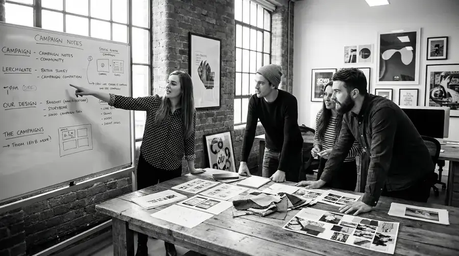 Equipe criativa em brainstorm - Agência de publicidade