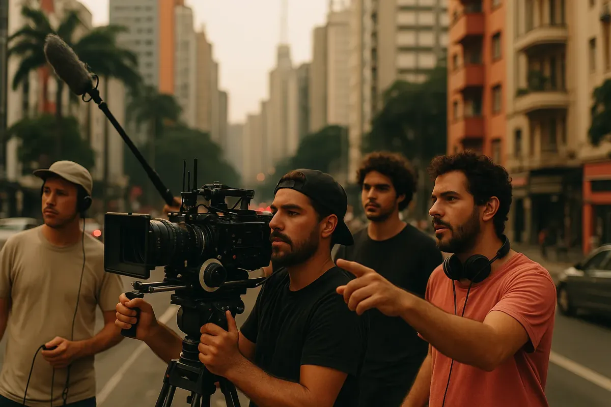Equipe de produção audiovisual filmando em set profissional em São Paulo