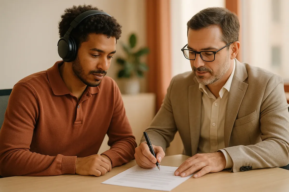 Contrato de prestação de serviços audiovisuais sendo revisado por advogado e contador