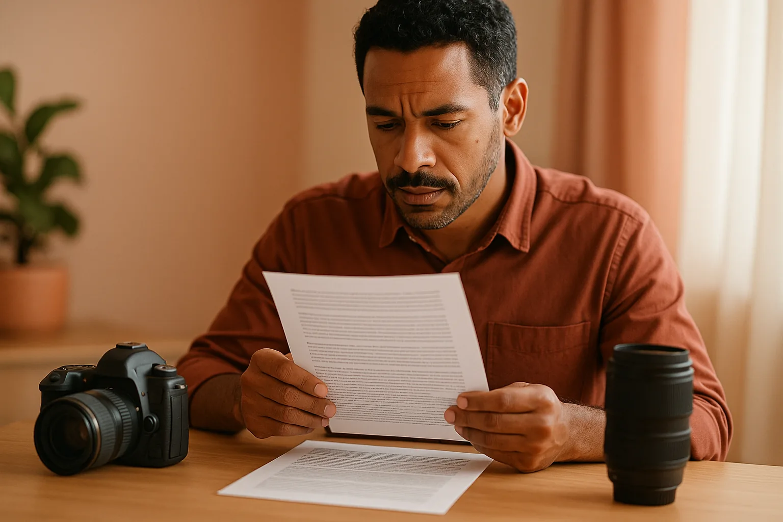 Fotógrafo profissional analisando contrato de cessão de direitos autorais