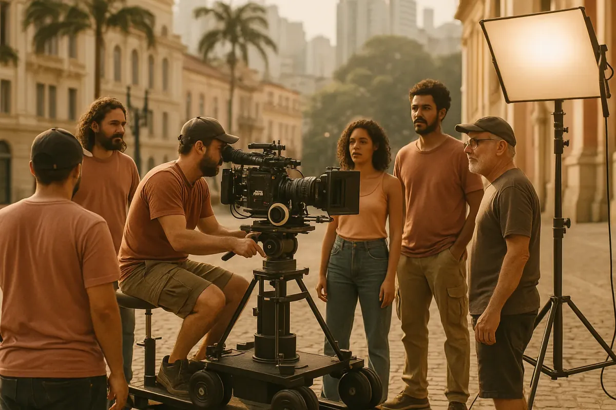 Equipe de produtora de vídeo em set de filmagem profissional em São Paulo
