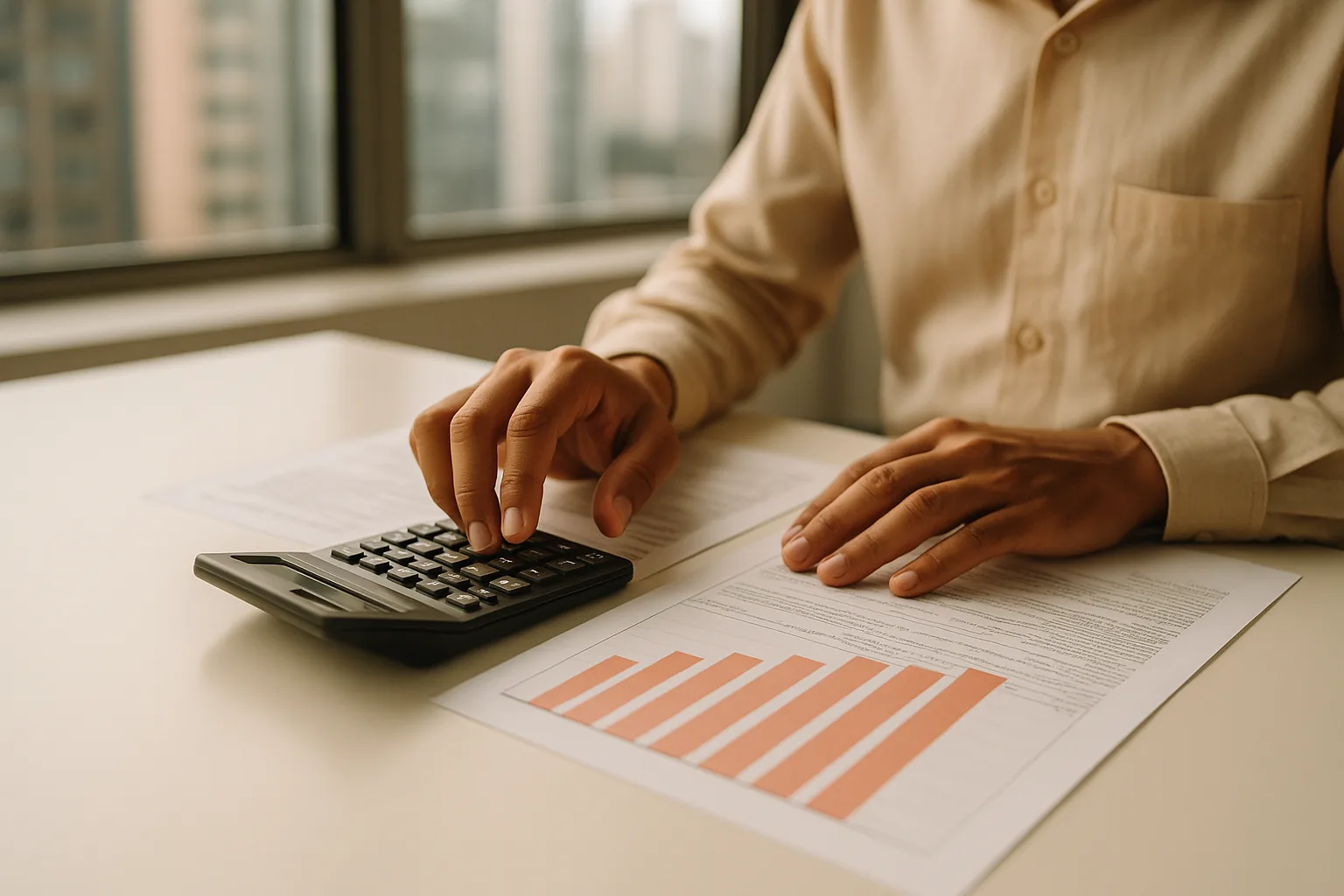 Calculadora e gráficos financeiros representando o cálculo do Fator R para profissionais liberais