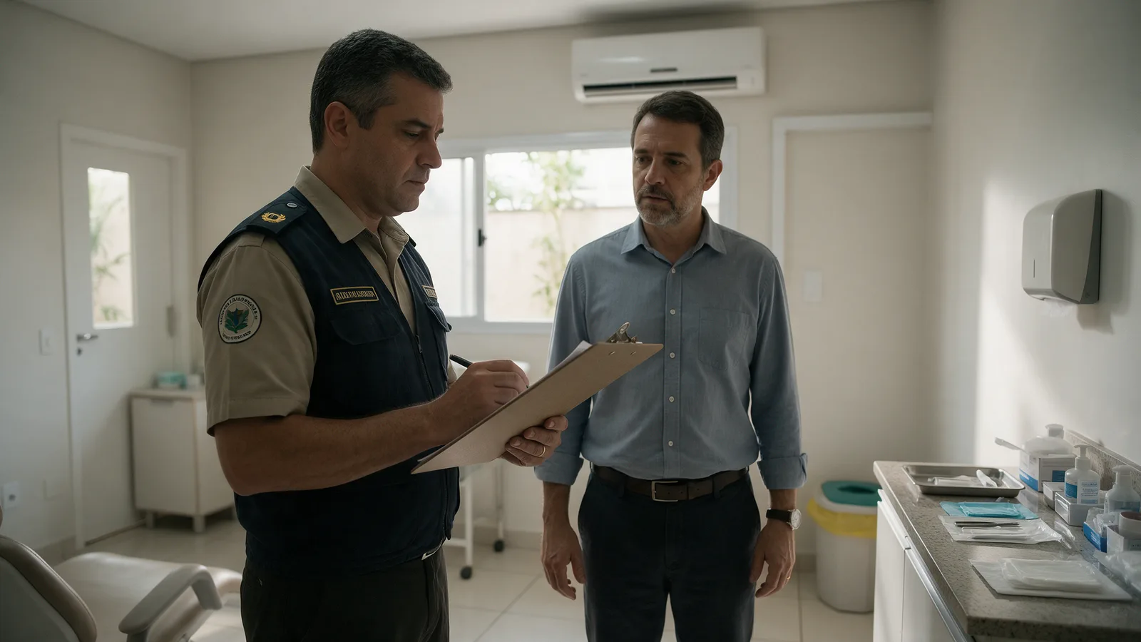 Fiscal de vigilância sanitária com prancheta conferindo sala de clínica